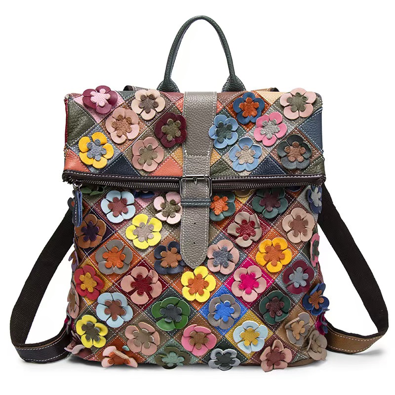 Women Bags Leather - Vintage dames lederen rugzak bloem echt