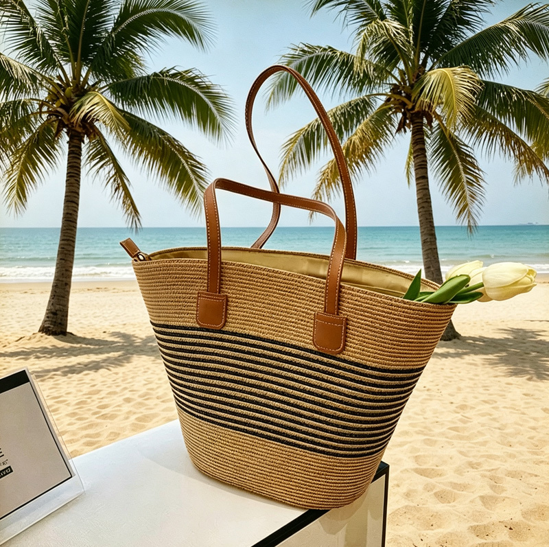 Women Bags Leather - CLAREGQI gestreepte stro-tas voor dames, geweven